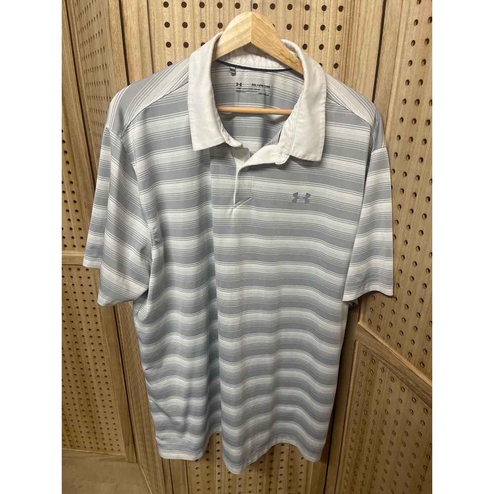 Under Armour Mens HeatGear Polo Shirt 2XL Grey White Striped Loose Fit Golf Top